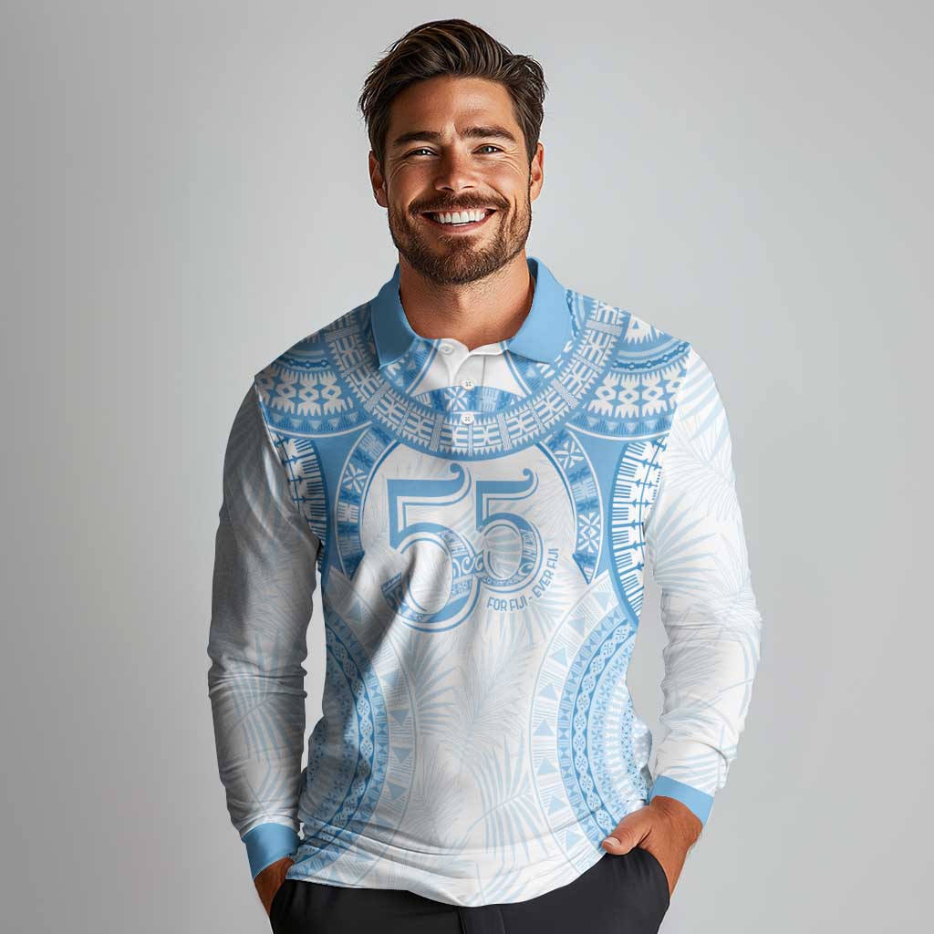 Bula Fiji Day 55th Anniversary Masi Tapa Long Sleeve Polo Shirt Emerald Jubilee - Turquoise LT7 - Polynesian Pride
