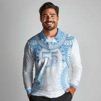 Bula Fiji Day 55th Anniversary Masi Tapa Long Sleeve Polo Shirt Emerald Jubilee - Turquoise LT7 - Polynesian Pride