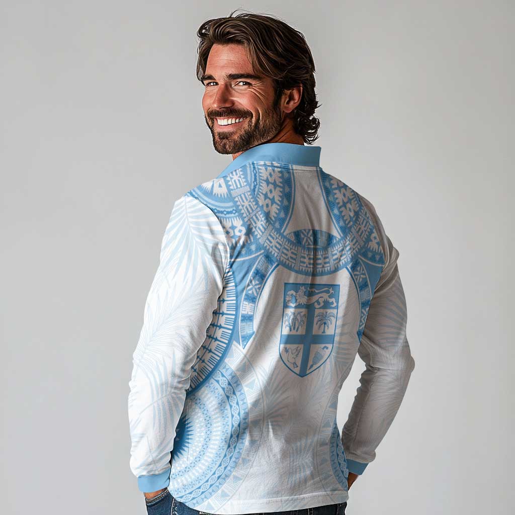 Bula Fiji Day 55th Anniversary Masi Tapa Long Sleeve Polo Shirt Emerald Jubilee - Turquoise LT7 - Polynesian Pride