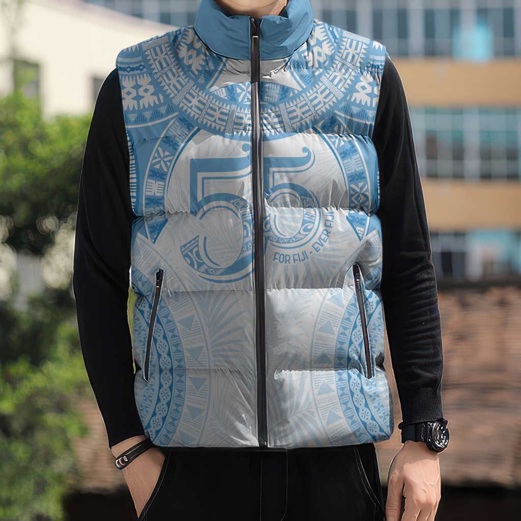 Bula Fiji Day 55th Anniversary Masi Tapa Sleeveless Puffer Jacket Emerald Jubilee - Turquoise LT7 - Polynesian Pride