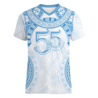 Bula Fiji Day 55th Anniversary Masi Tapa Women V-Neck T-Shirt Emerald Jubilee - Turquoise - Polynesian Pride