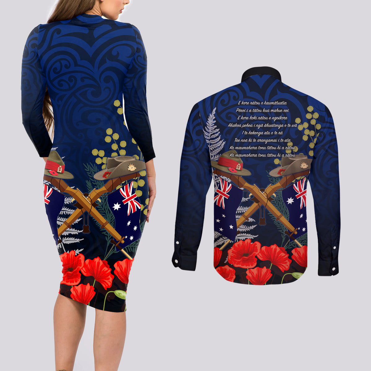 Anzac Day Aussie Mix Maori In Memories Couples Matching Long Sleeve Bodycon Dress and Long Sleeve Button Shirt LT7 - Polynesian Pride