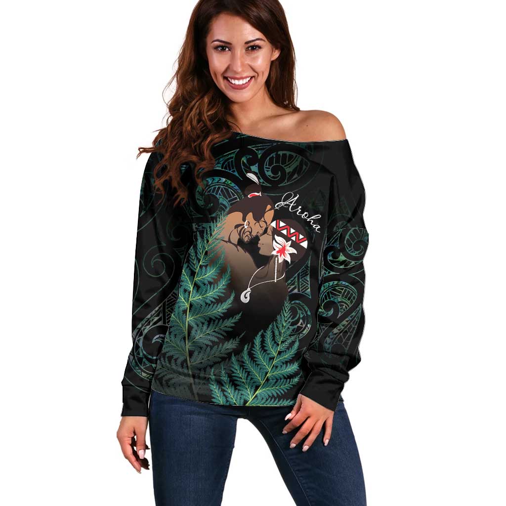 Maori Hongi Valentine Off Shoulder Sweater Aroha Ahau Ki A Koe LT7 Women Emerald - Polynesian Pride