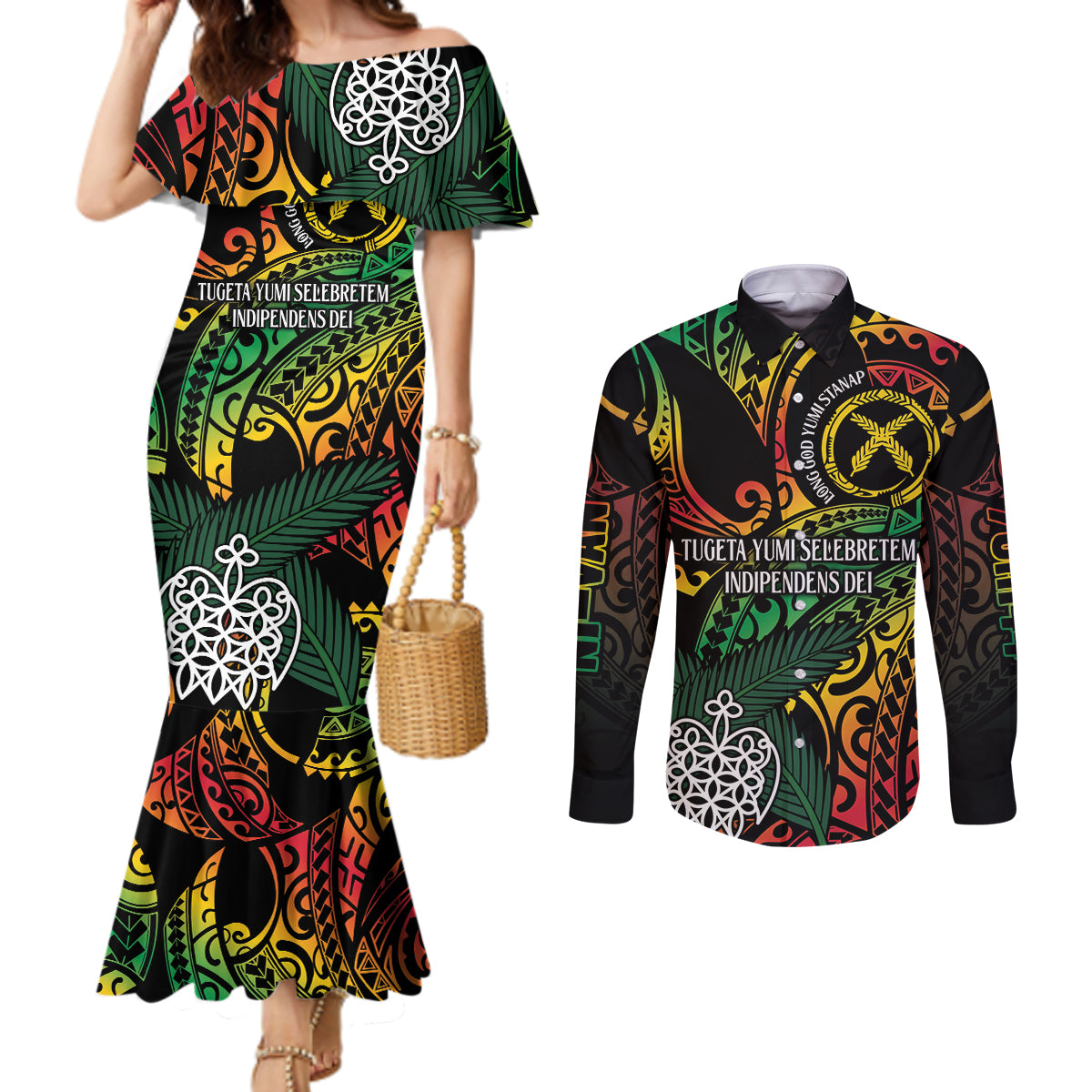 Vanuatu Indipendens Dei Couples Matching Mermaid Dress and Long Sleeve Button Shirt Mix Traditional Sand Drawing