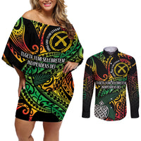 Vanuatu Indipendens Dei Couples Matching Off Shoulder Short Dress and Long Sleeve Button Shirt Mix Traditional Sand Drawing