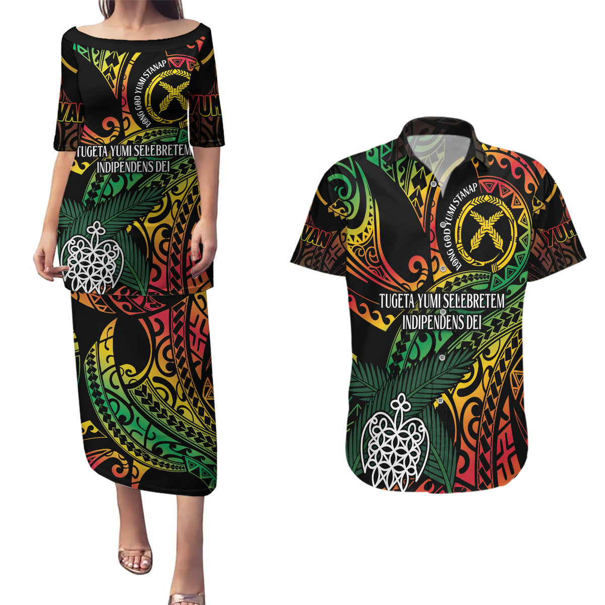 Vanuatu Indipendens Dei Couples Matching Puletasi and Hawaiian Shirt Mix Traditional Sand Drawing