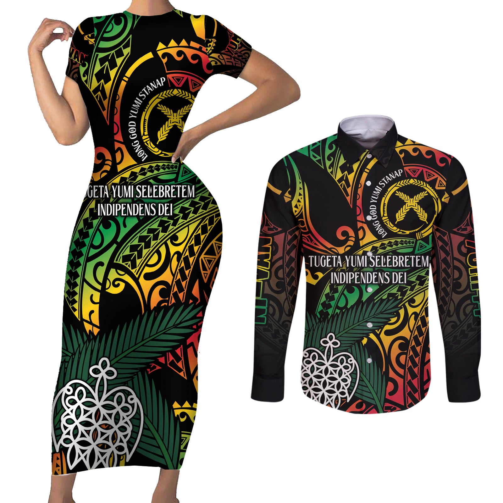 Vanuatu Indipendens Dei Couples Matching Short Sleeve Bodycon Dress and Long Sleeve Button Shirt Mix Traditional Sand Drawing