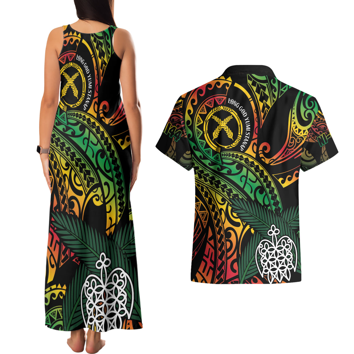 Vanuatu Indipendens Dei Couples Matching Tank Maxi Dress and Hawaiian Shirt Mix Traditional Sand Drawing