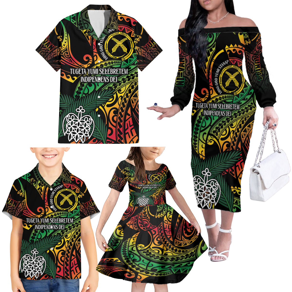 Vanuatu Indipendens Dei Family Matching Off The Shoulder Long Sleeve Dress and Hawaiian Shirt Mix Traditional Sand Drawing LT7 - Polynesian Pride