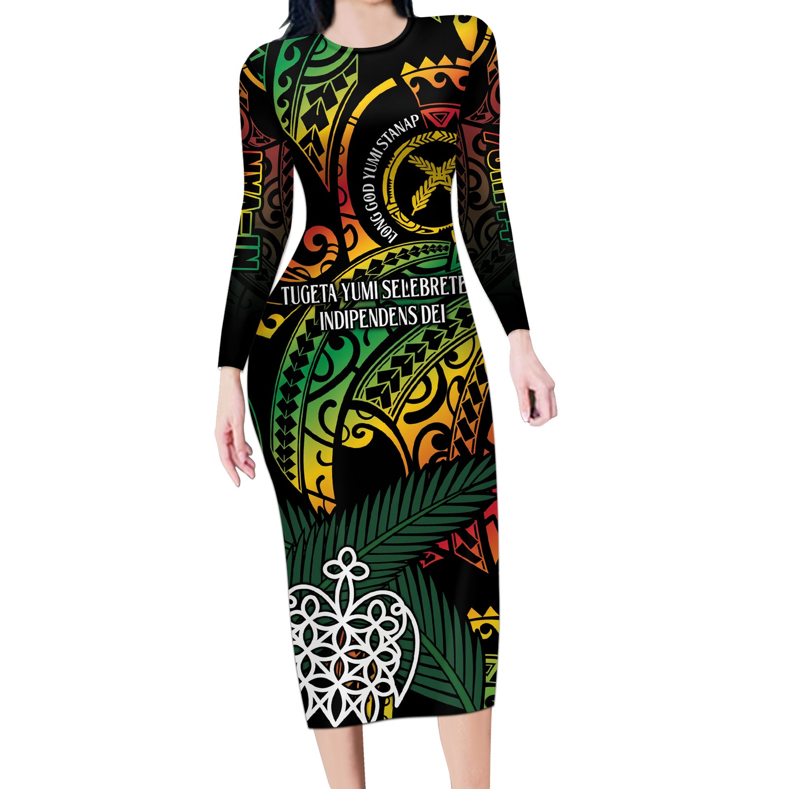 Vanuatu Indipendens Dei Long Sleeve Bodycon Dress Mix Traditional Sand Drawing LT7 Long Dress Colorful - Polynesian Pride