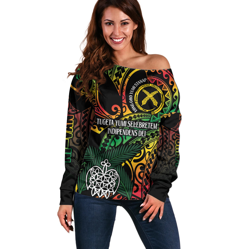 Vanuatu Indipendens Dei Off Shoulder Sweater Mix Traditional Sand Drawing LT7 Women Colorful - Polynesian Pride