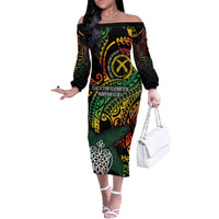Vanuatu Indipendens Dei Off The Shoulder Long Sleeve Dress Mix Traditional Sand Drawing