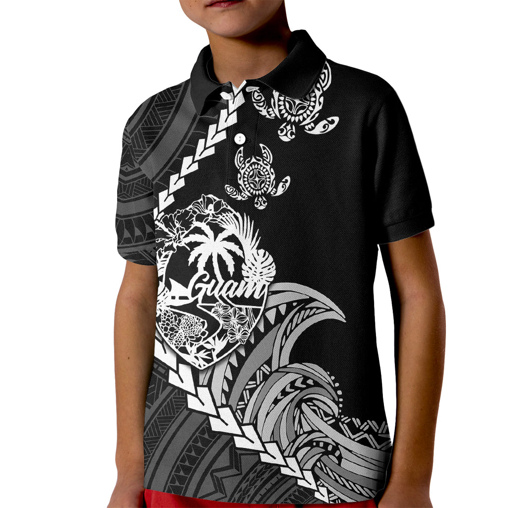 Personalised Guam Kid Polo Shirt Tribal Turtles Curves Style - Black LT7 Kid Black - Polynesian Pride