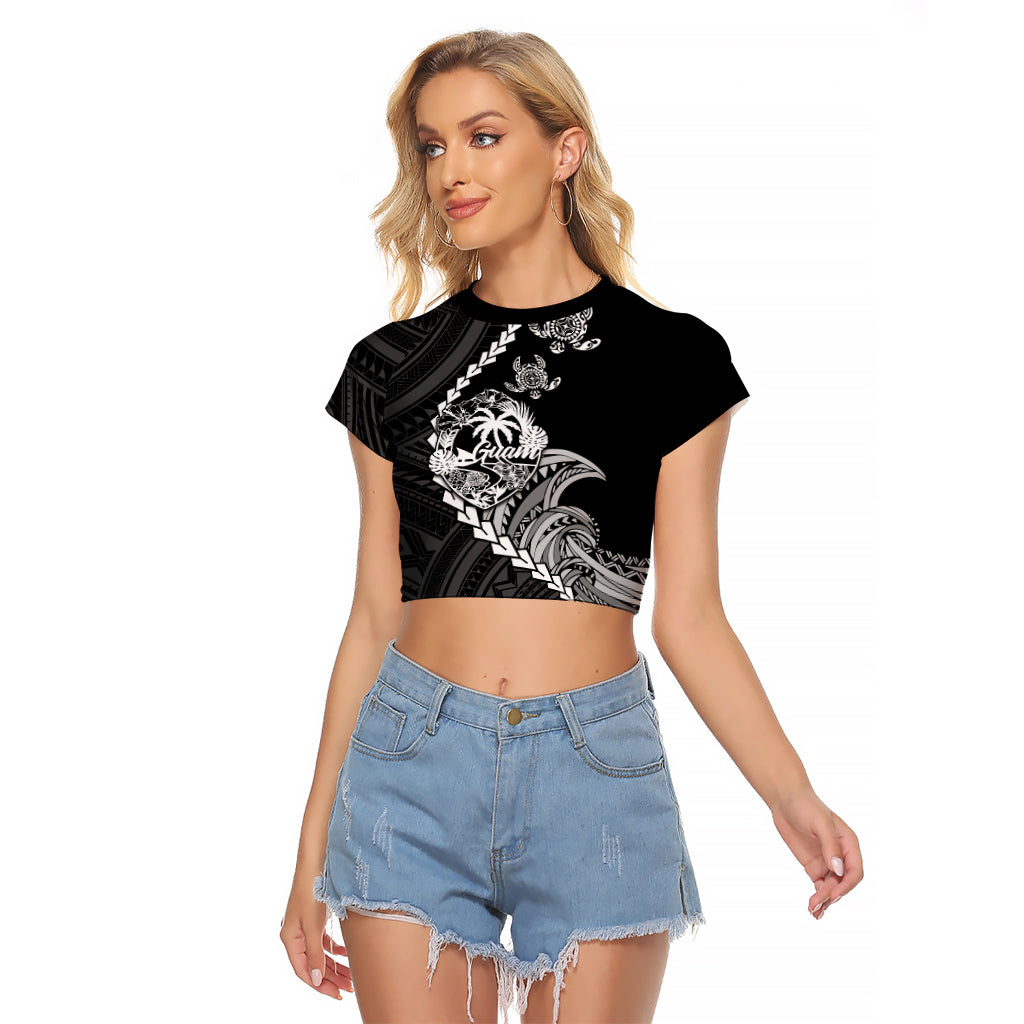 Personalised Guam Raglan Cropped T Shirt Tribal Turtles Curves Style - Black LT7 Female Black - Polynesian Pride
