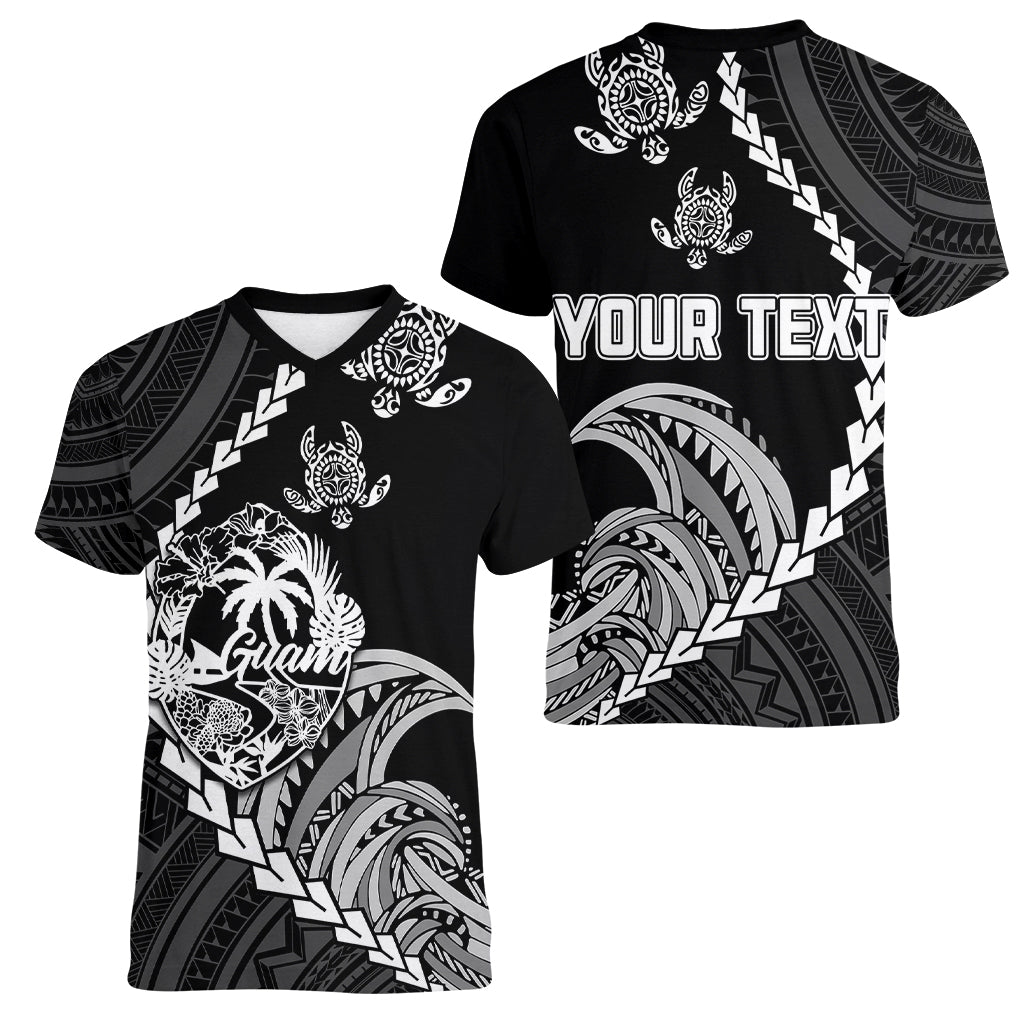 Personalised Guam Women V Neck T Shirt Tribal Turtles Curves Style - Black LT7 - Polynesian Pride