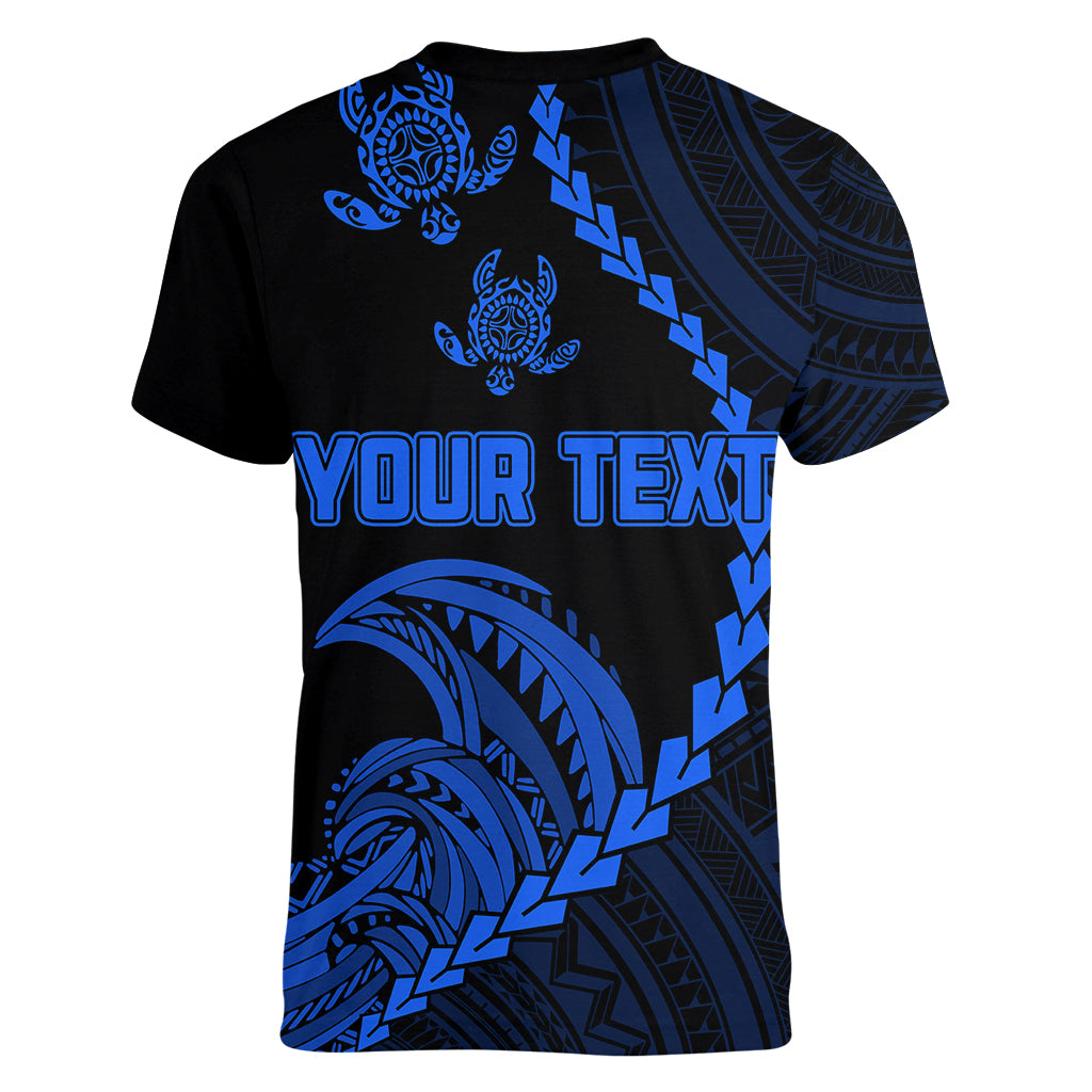 Personalised Guam Women V Neck T Shirt Tribal Turtles Curves Style - Blue LT7 - Polynesian Pride
