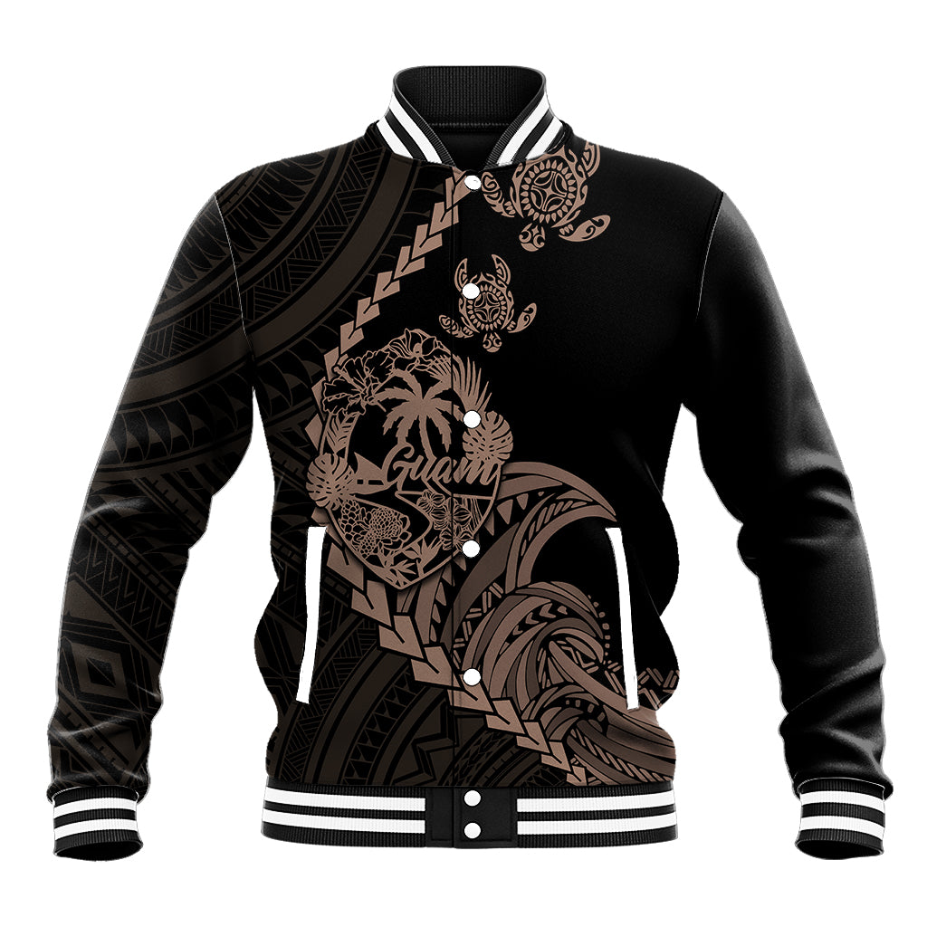 Personalised Guam Baseball Jacket Tribal Turtles Curves Style - Brown LT7 Unisex Brown - Polynesian Pride