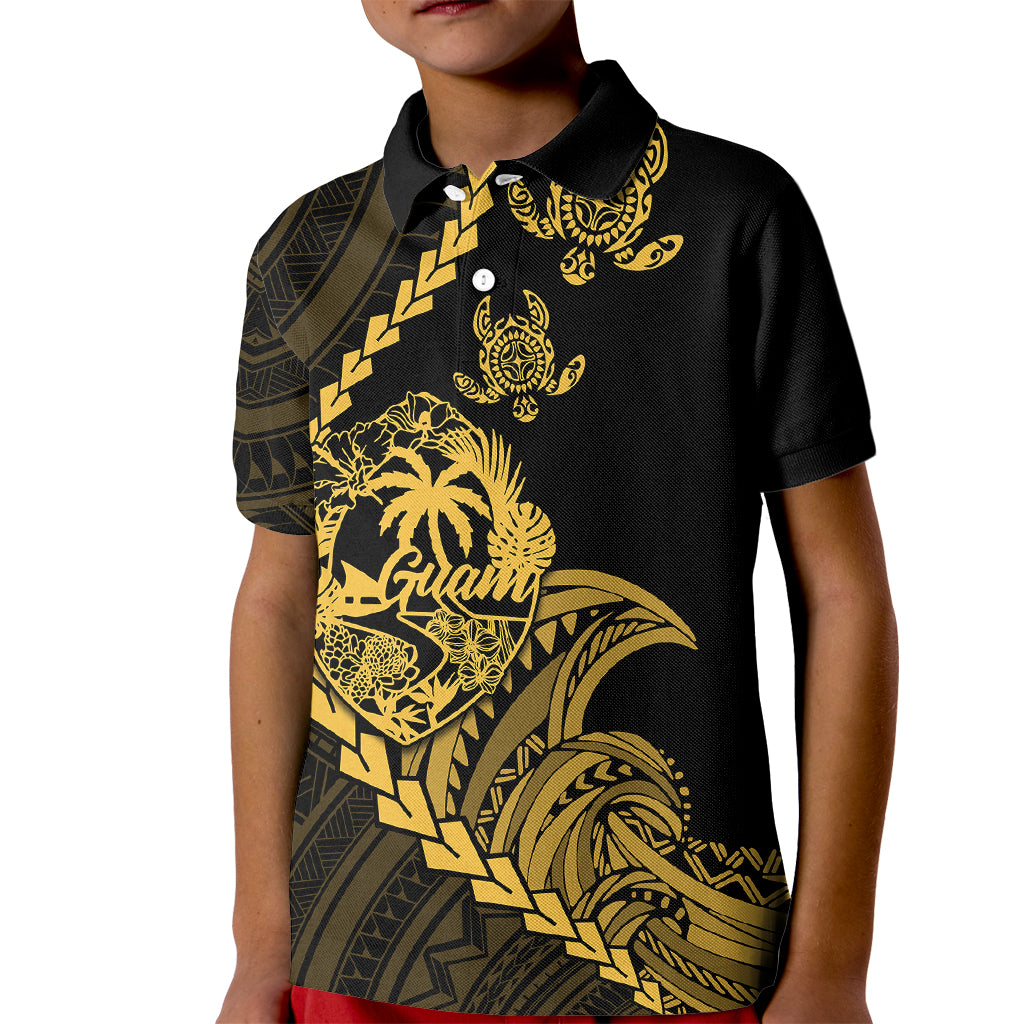 Personalised Guam Kid Polo Shirt Tribal Turtles Curves Style - Gold LT7 Kid Gold - Polynesian Pride