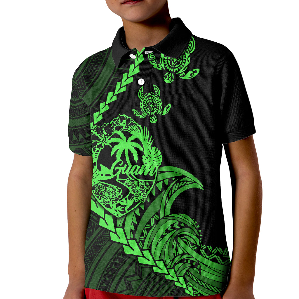 Personalised Guam Kid Polo Shirt Tribal Turtles Curves Style - Green LT7 Kid Green - Polynesian Pride