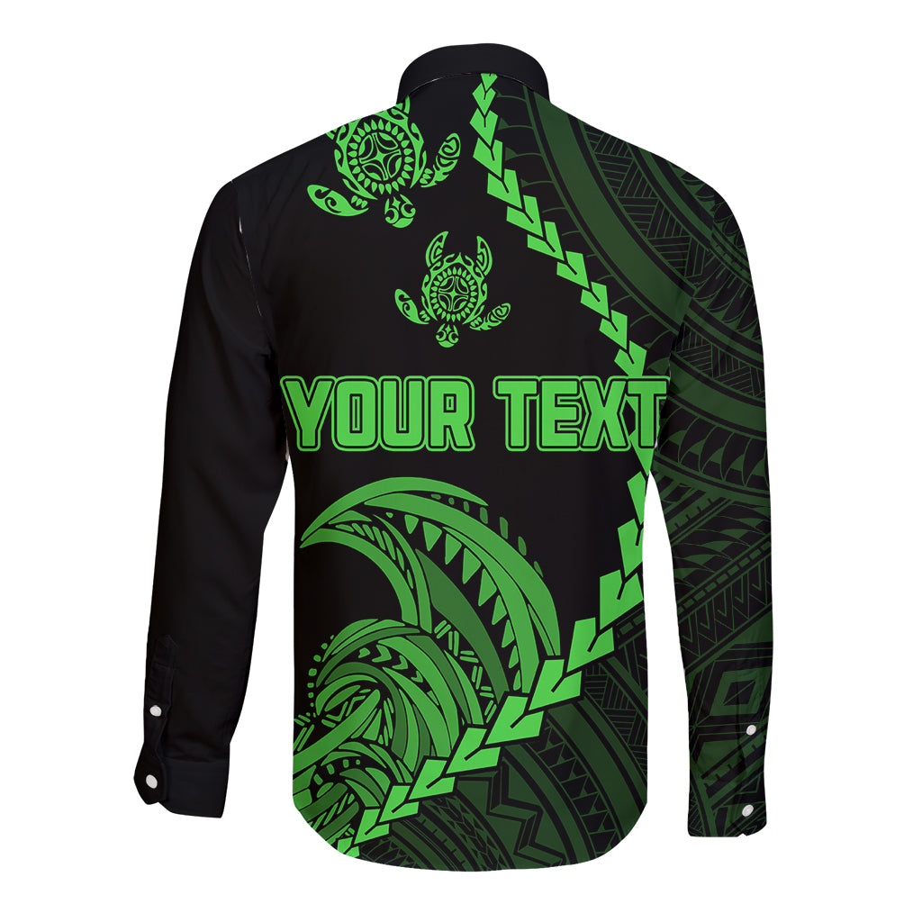 Personalised Guam Long Sleeve Button Shirt Tribal Turtles Curves Style - Green LT7 - Polynesian Pride