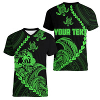 Personalised Guam Women V Neck T Shirt Tribal Turtles Curves Style - Green LT7 - Polynesian Pride
