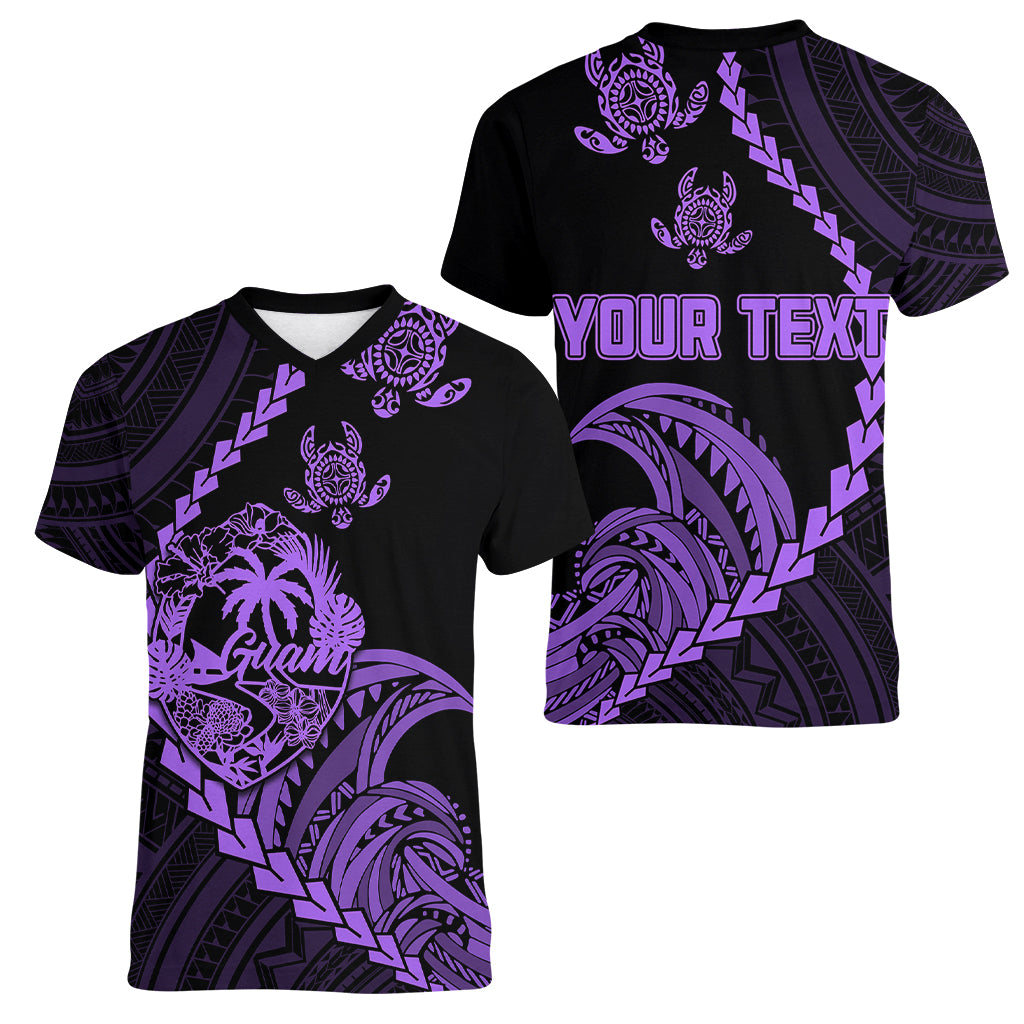 Personalised Guam Women V Neck T Shirt Tribal Turtles Curves Style - Purple LT7 - Polynesian Pride