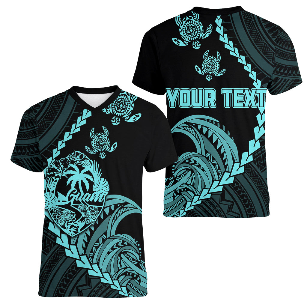 Personalised Guam Women V Neck T Shirt Tribal Turtles Curves Style - Turquoise LT7 - Polynesian Pride