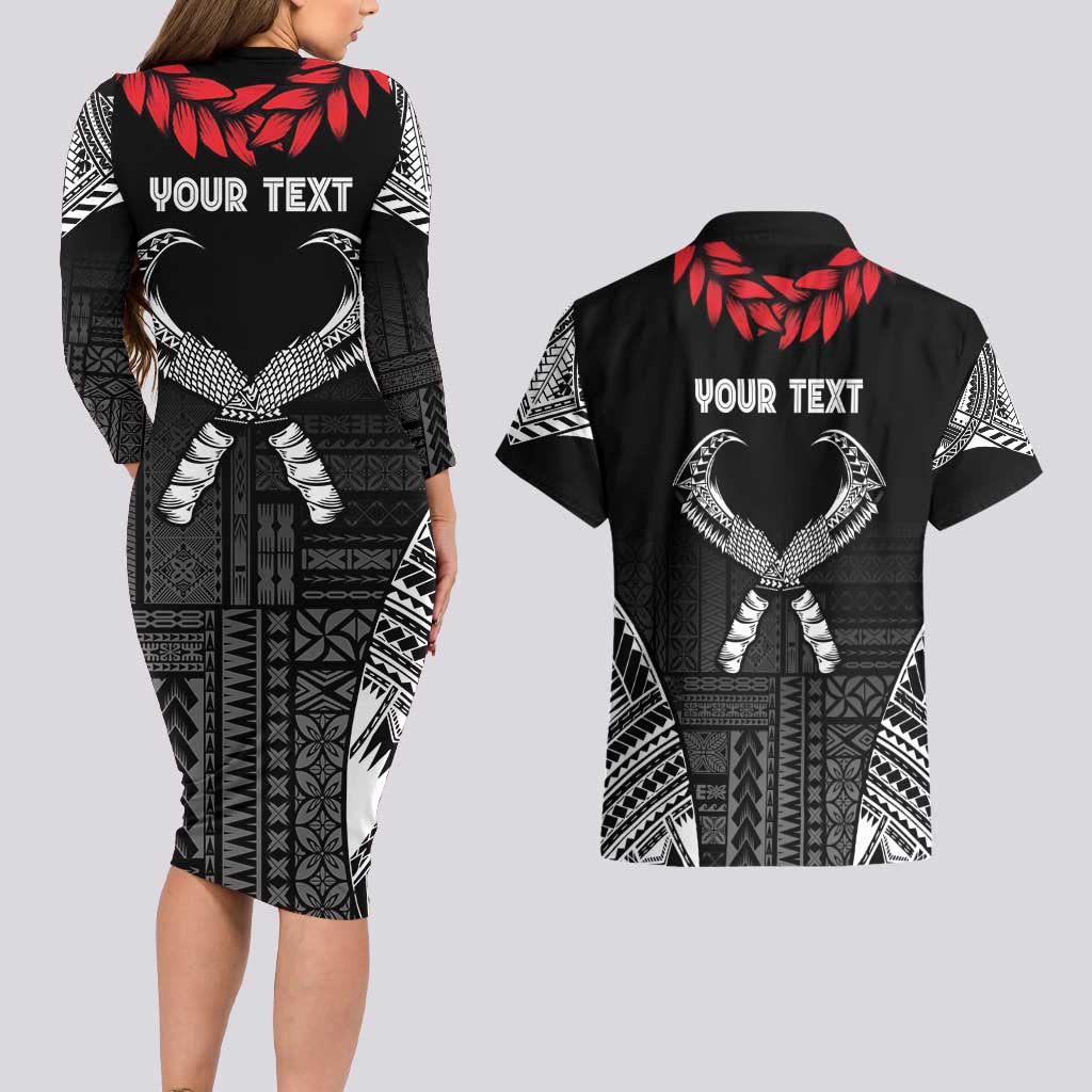 Personalized Talofa Samoa Couples Matching Long Sleeve Bodycon Dress and Hawaiian Shirt Ulafala With Toa Nifo'oti - Black