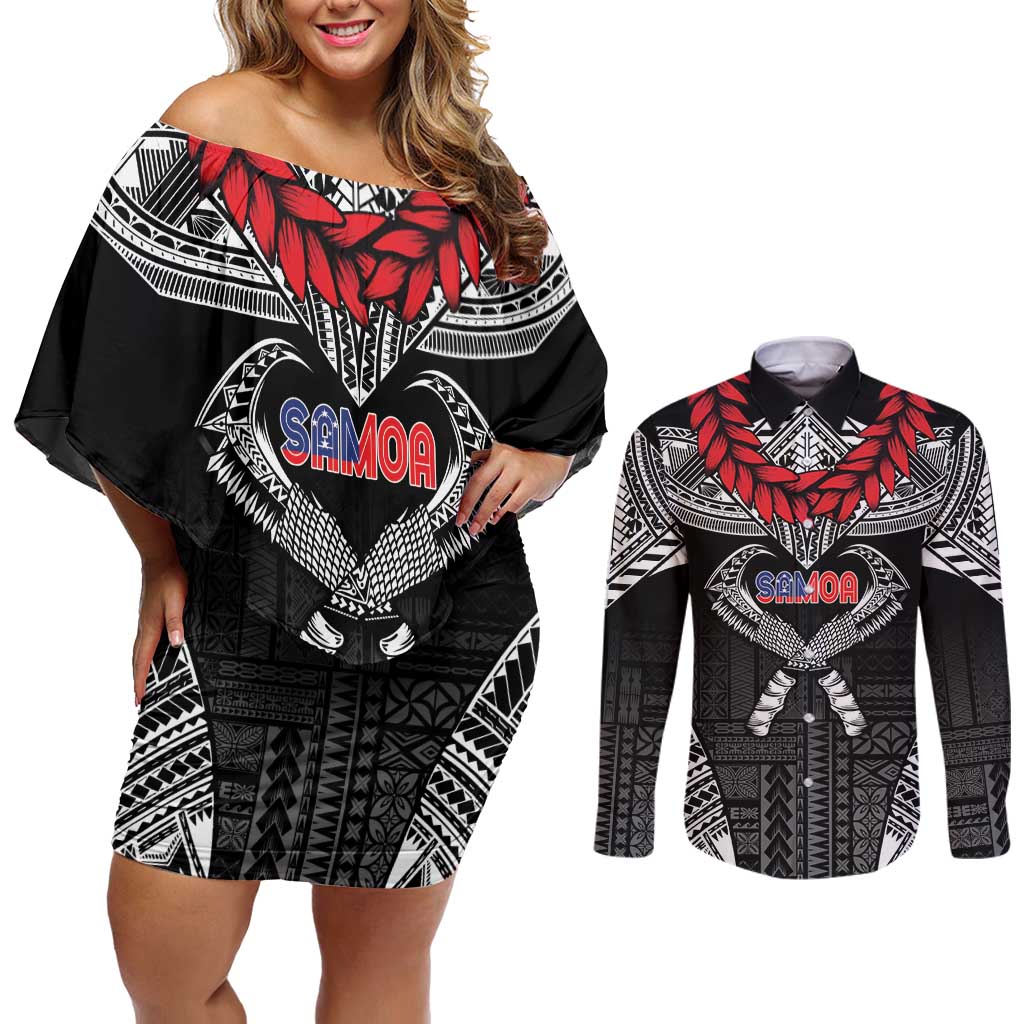 Personalized Talofa Samoa Couples Matching Off Shoulder Short Dress and Long Sleeve Button Shirt Ulafala With Toa Nifo'oti - Black LT7 Black - Polynesian Pride