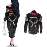 Personalized Talofa Samoa Couples Matching Off The Shoulder Long Sleeve Dress and Long Sleeve Button Shirt Ulafala With Toa Nifo'oti - Black