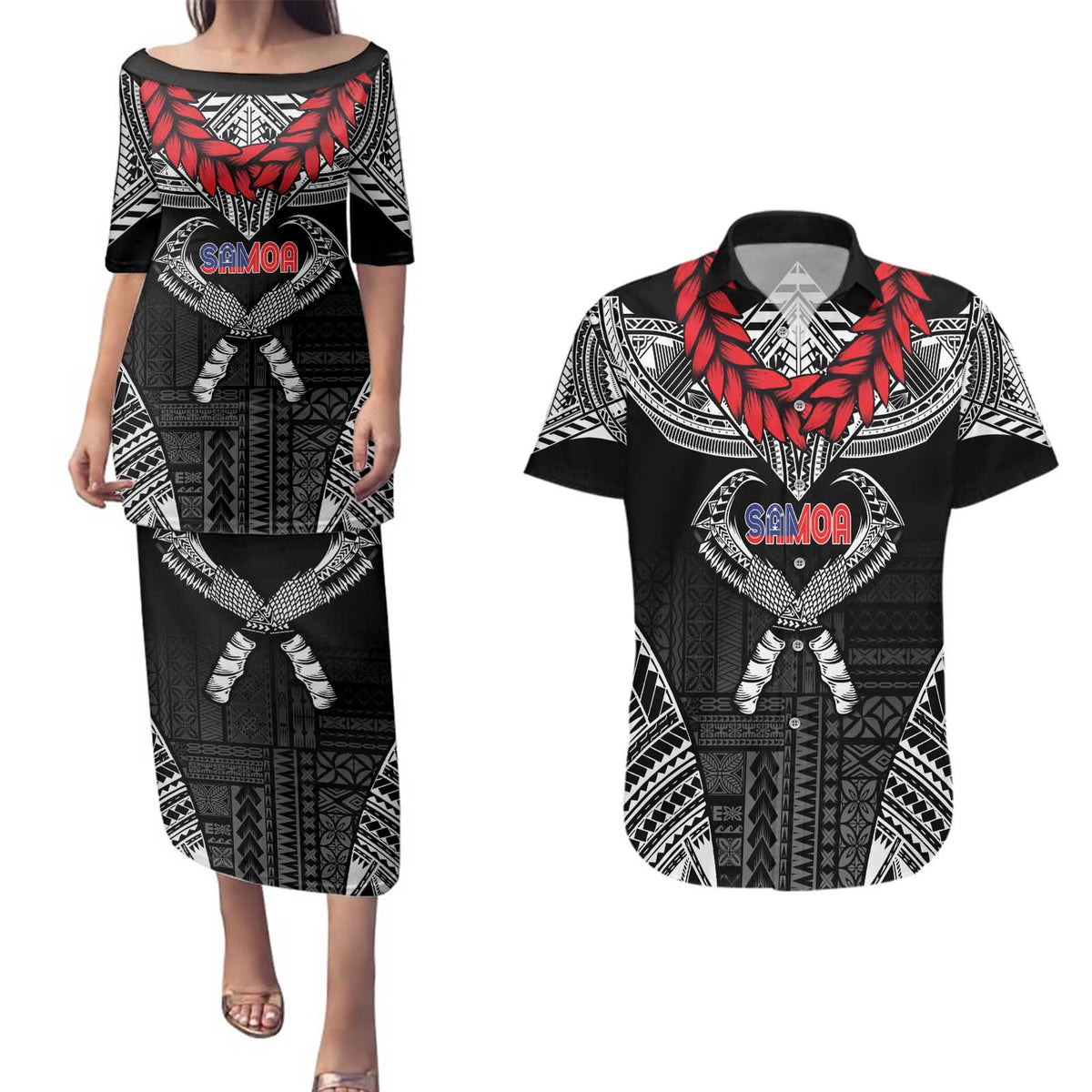 Personalized Talofa Samoa Couples Matching Puletasi and Hawaiian Shirt Ulafala With Toa Nifo'oti - Black