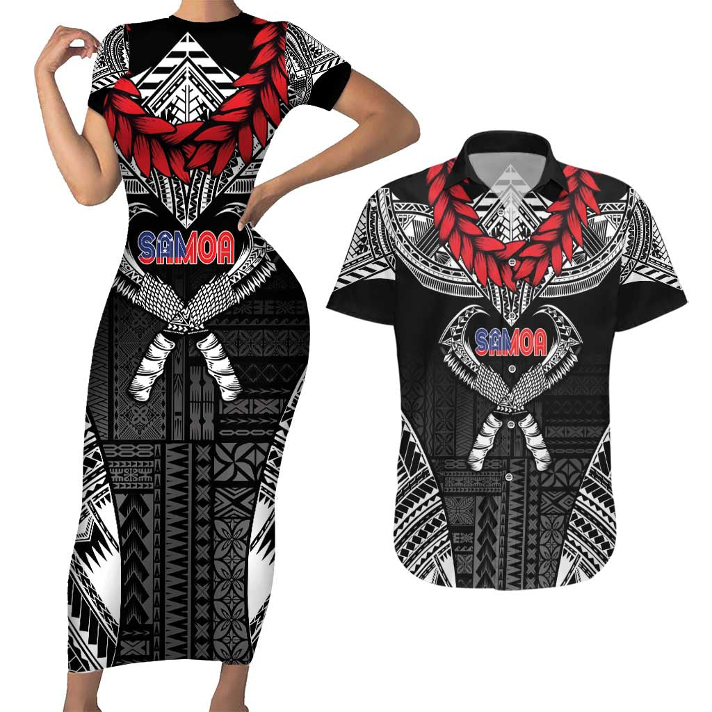Personalized Talofa Samoa Couples Matching Short Sleeve Bodycon Dress and Hawaiian Shirt Ulafala With Toa Nifo'oti - Black LT7 Black - Polynesian Pride