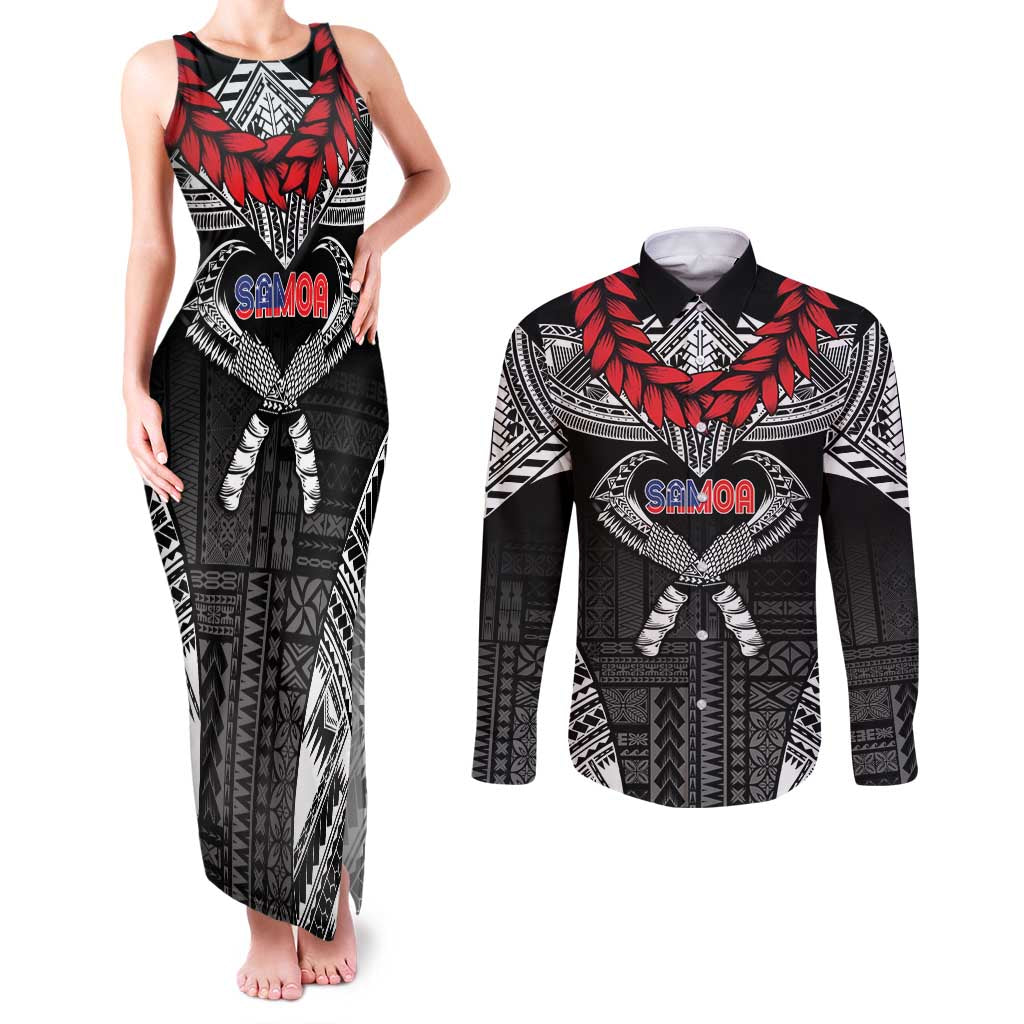 Personalized Talofa Samoa Couples Matching Tank Maxi Dress and Long Sleeve Button Shirt Ulafala With Toa Nifo'oti - Black LT7 Black - Polynesian Pride