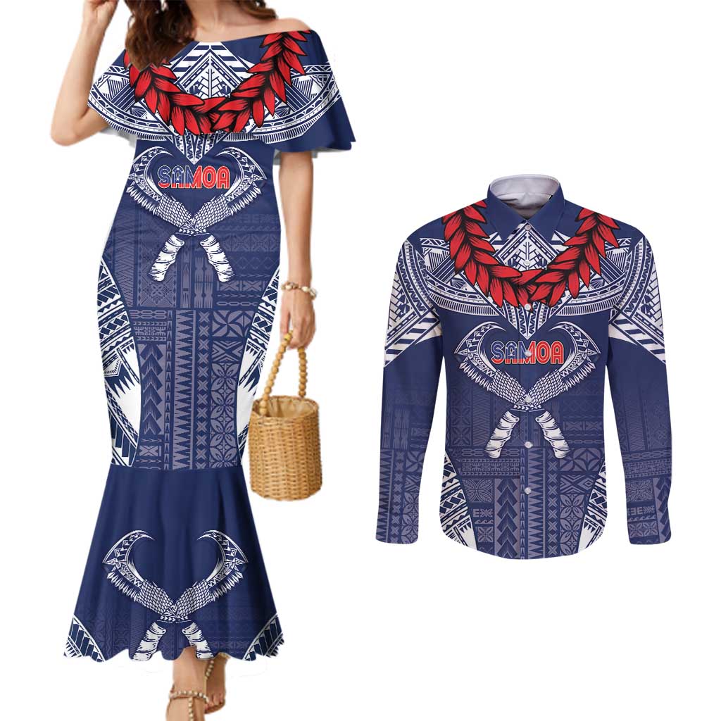 Personalized Talofa Samoa Couples Matching Mermaid Dress and Long Sleeve Button Shirt Ulafala With Toa Nifo'oti - Blue LT7 Blue - Polynesian Pride