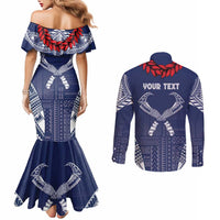 Personalized Talofa Samoa Couples Matching Mermaid Dress and Long Sleeve Button Shirt Ulafala With Toa Nifo'oti - Blue