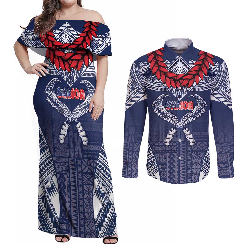 Personalized Talofa Samoa Couples Matching Off Shoulder Maxi Dress and Long Sleeve Button Shirt Ulafala With Toa Nifo'oti - Blue