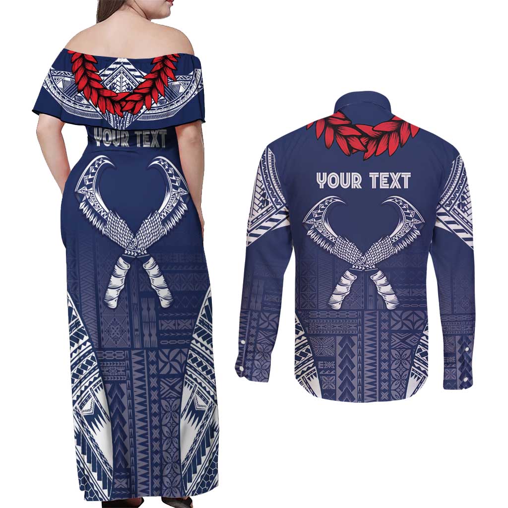 Personalized Talofa Samoa Couples Matching Off Shoulder Maxi Dress and Long Sleeve Button Shirt Ulafala With Toa Nifo'oti - Blue