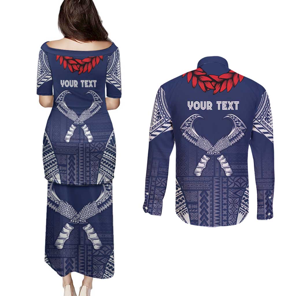 Personalized Talofa Samoa Couples Matching Puletasi and Long Sleeve Button Shirt Ulafala With Toa Nifo'oti - Blue