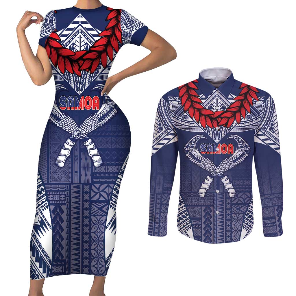 Personalized Talofa Samoa Couples Matching Short Sleeve Bodycon Dress and Long Sleeve Button Shirt Ulafala With Toa Nifo'oti - Blue LT7 Blue - Polynesian Pride