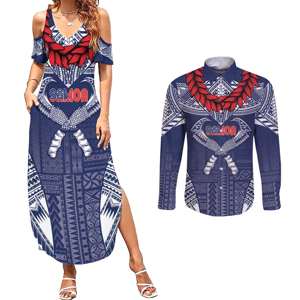 Personalized Talofa Samoa Couples Matching Summer Maxi Dress and Long Sleeve Button Shirt Ulafala With Toa Nifo'oti - Blue LT7 Blue - Polynesian Pride