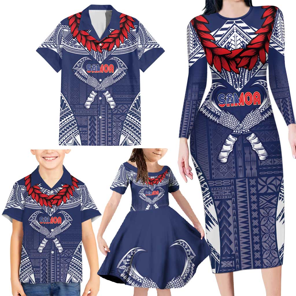 Personalized Talofa Samoa Family Matching Long Sleeve Bodycon Dress and Hawaiian Shirt Ulafala With Toa Nifo'oti - Blue