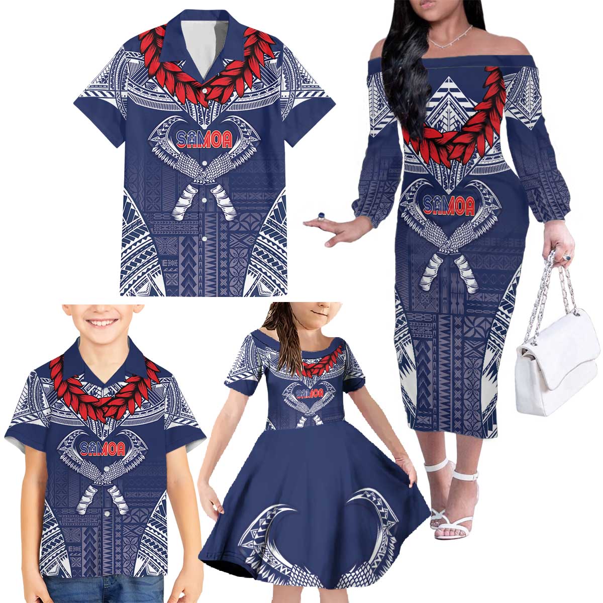 Personalized Talofa Samoa Family Matching Off The Shoulder Long Sleeve Dress and Hawaiian Shirt Ulafala With Toa Nifo'oti - Blue