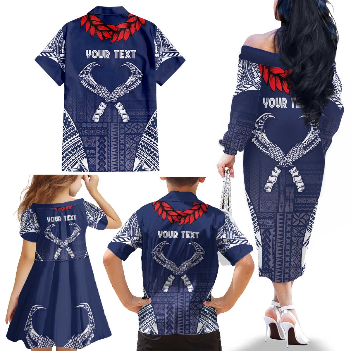 Personalized Talofa Samoa Family Matching Off The Shoulder Long Sleeve Dress and Hawaiian Shirt Ulafala With Toa Nifo'oti - Blue