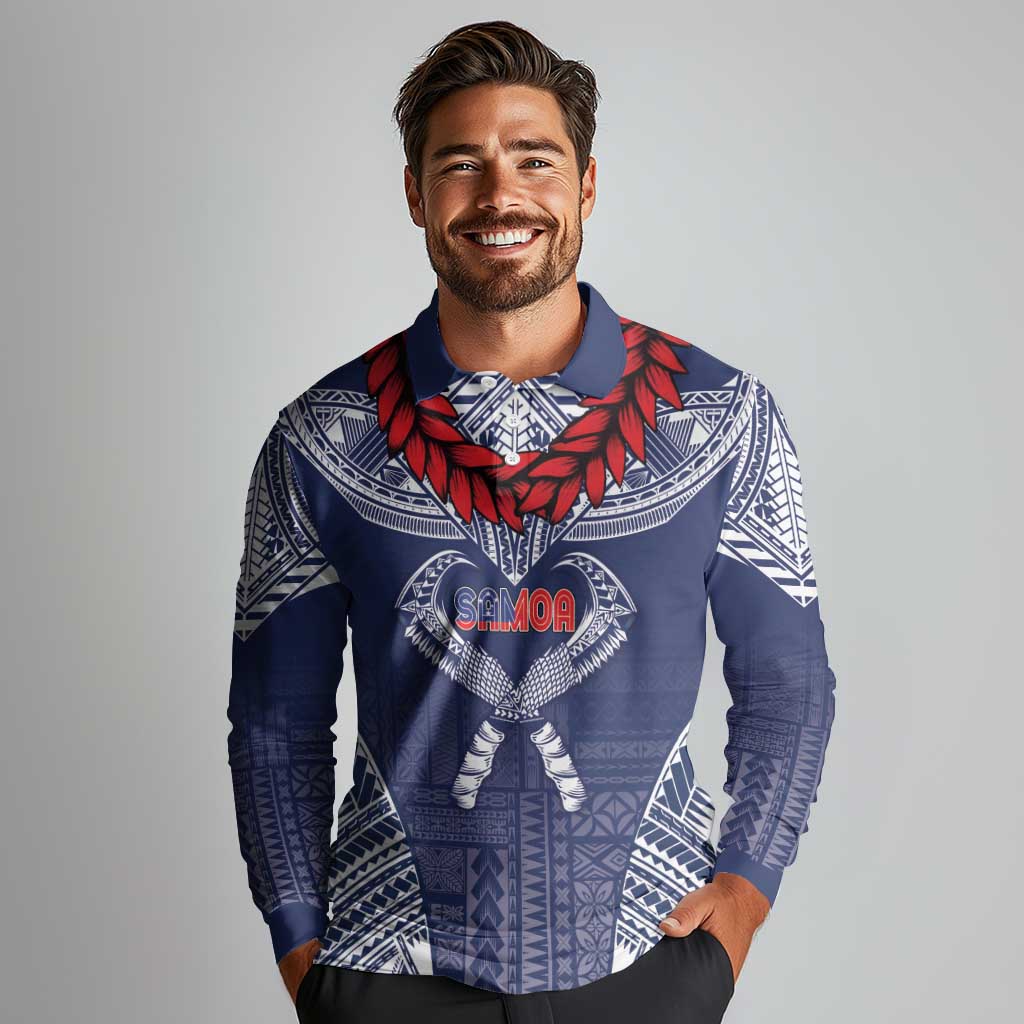 Personalized Talofa Samoa Long Sleeve Polo Shirt Ulafala With Toa Nifo'oti - Blue LT7 - Polynesian Pride