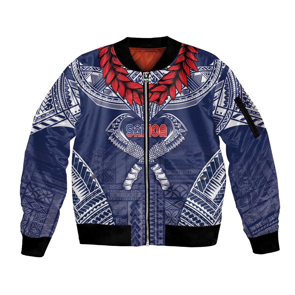Personalized Talofa Samoa Sleeve Zip Bomber Jacket Ulafala With Toa Nifo'oti - Blue LT7 Unisex Blue - Polynesian Pride