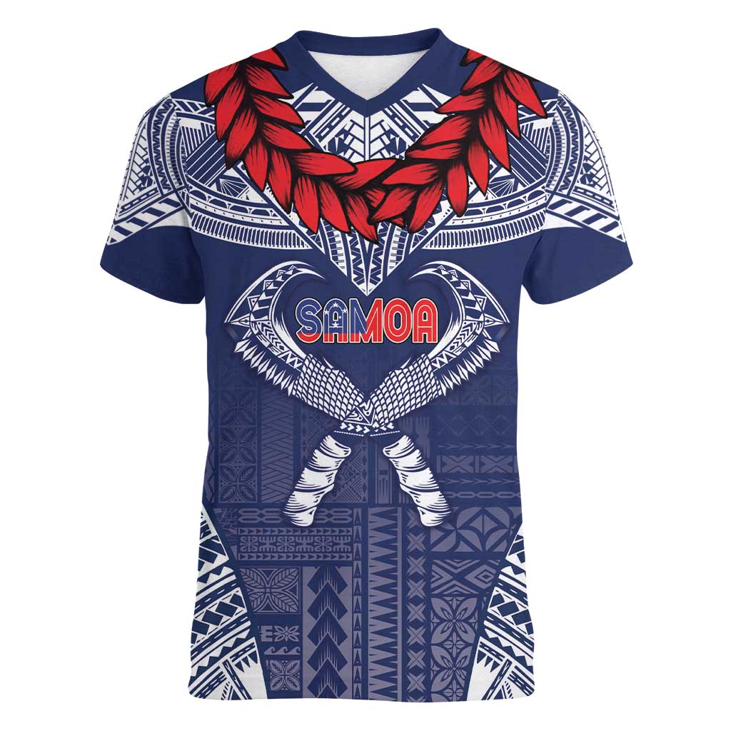 Personalized Talofa Samoa Women V-Neck T-Shirt Ulafala With Toa Nifo'oti - Blue LT7 Female Blue - Polynesian Pride