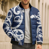 New Zealand Maori Mo Bros Bomber Puffer Jacket Blue Ribbon With Koru Kowhaiwhai - Polynesian Pride