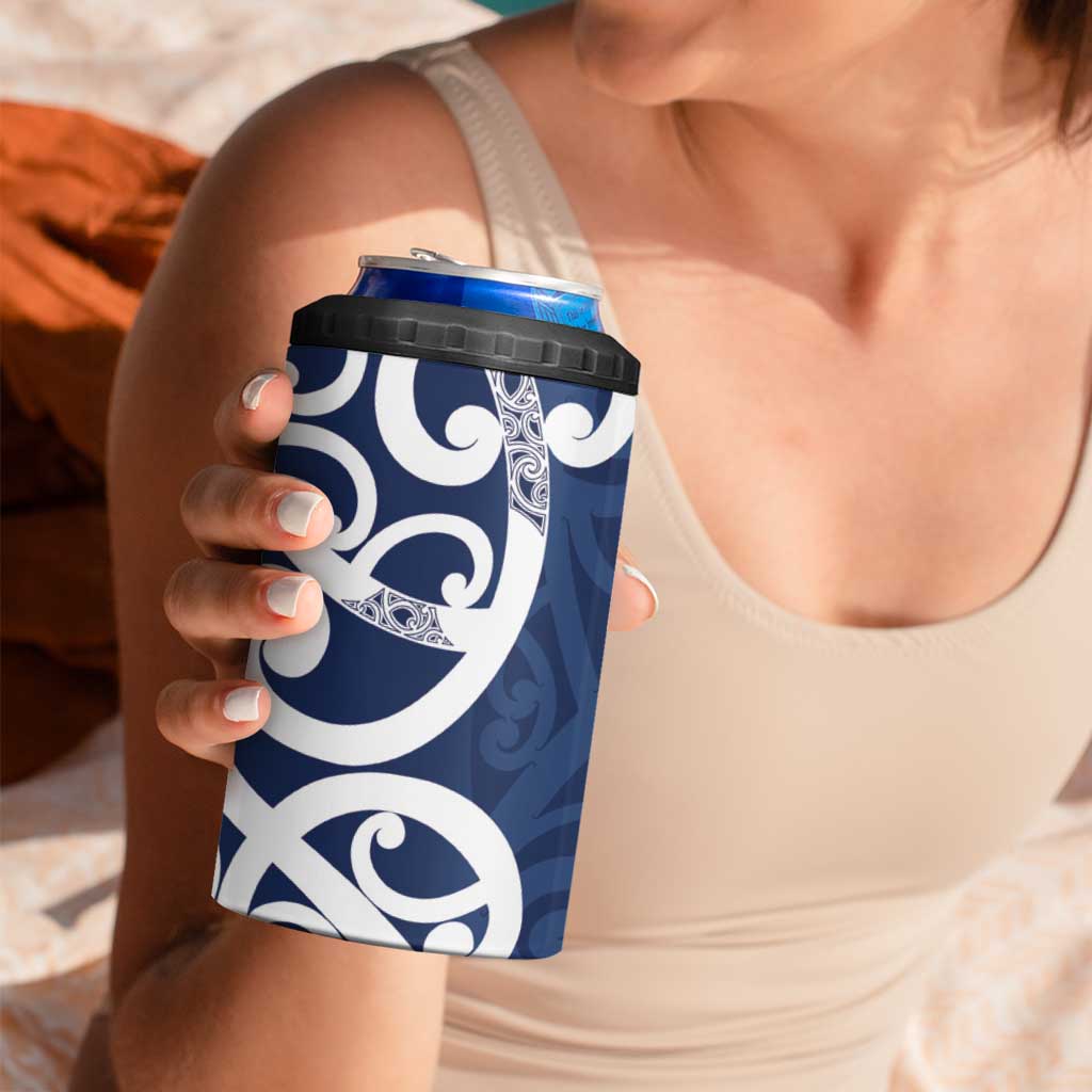 New Zealand Maori Mo Bros 4 in 1 Can Cooler Tumbler Blue Ribbon With Koru Kowhaiwhai - Polynesian Pride