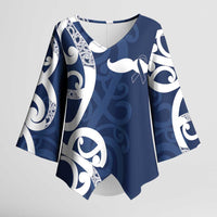New Zealand Maori Mo Bros Kimono Sleeve Blouse Blue Ribbon With Koru Kowhaiwhai - Polynesian Pride