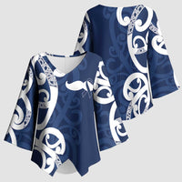 New Zealand Maori Mo Bros Kimono Sleeve Blouse Blue Ribbon With Koru Kowhaiwhai - Polynesian Pride